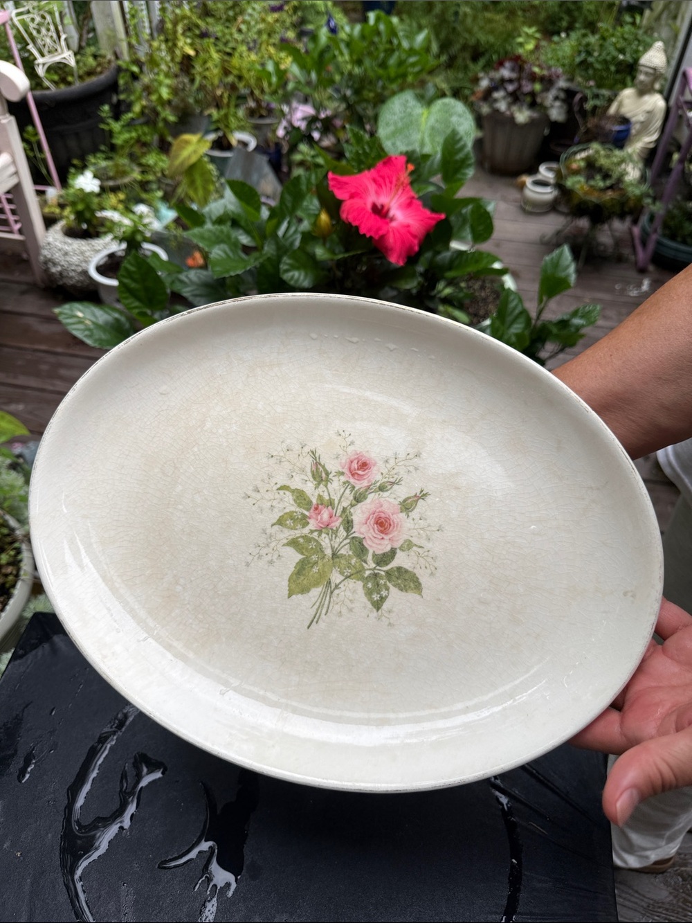 Vintage Cream Oval Ceramic Serving Platter Tray with Pink Rose Bouquet